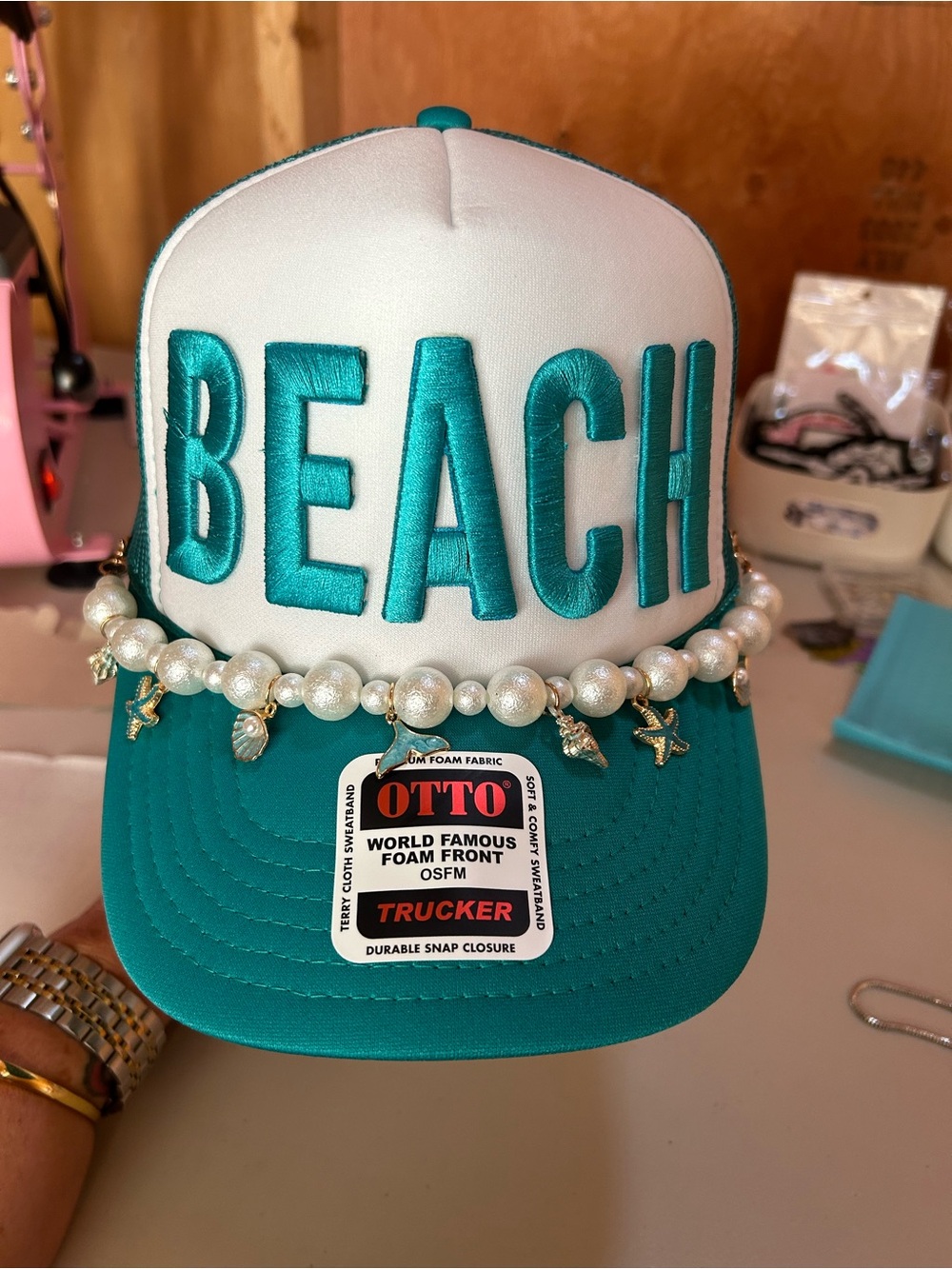 Teal and White Pearl Charm Trucker Hat